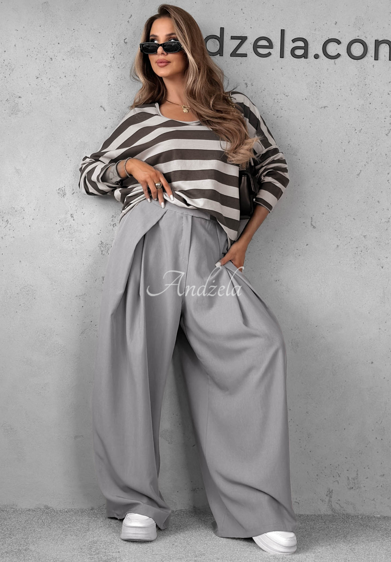 Mocha Touch Gray-and-Chocolate Striped Cotton Long-Sleeve Blouse