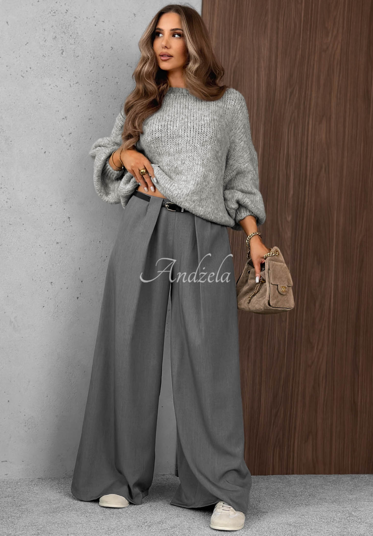 Eleganckie spodnie wide leg z zakładkami Timeless Poise szare
