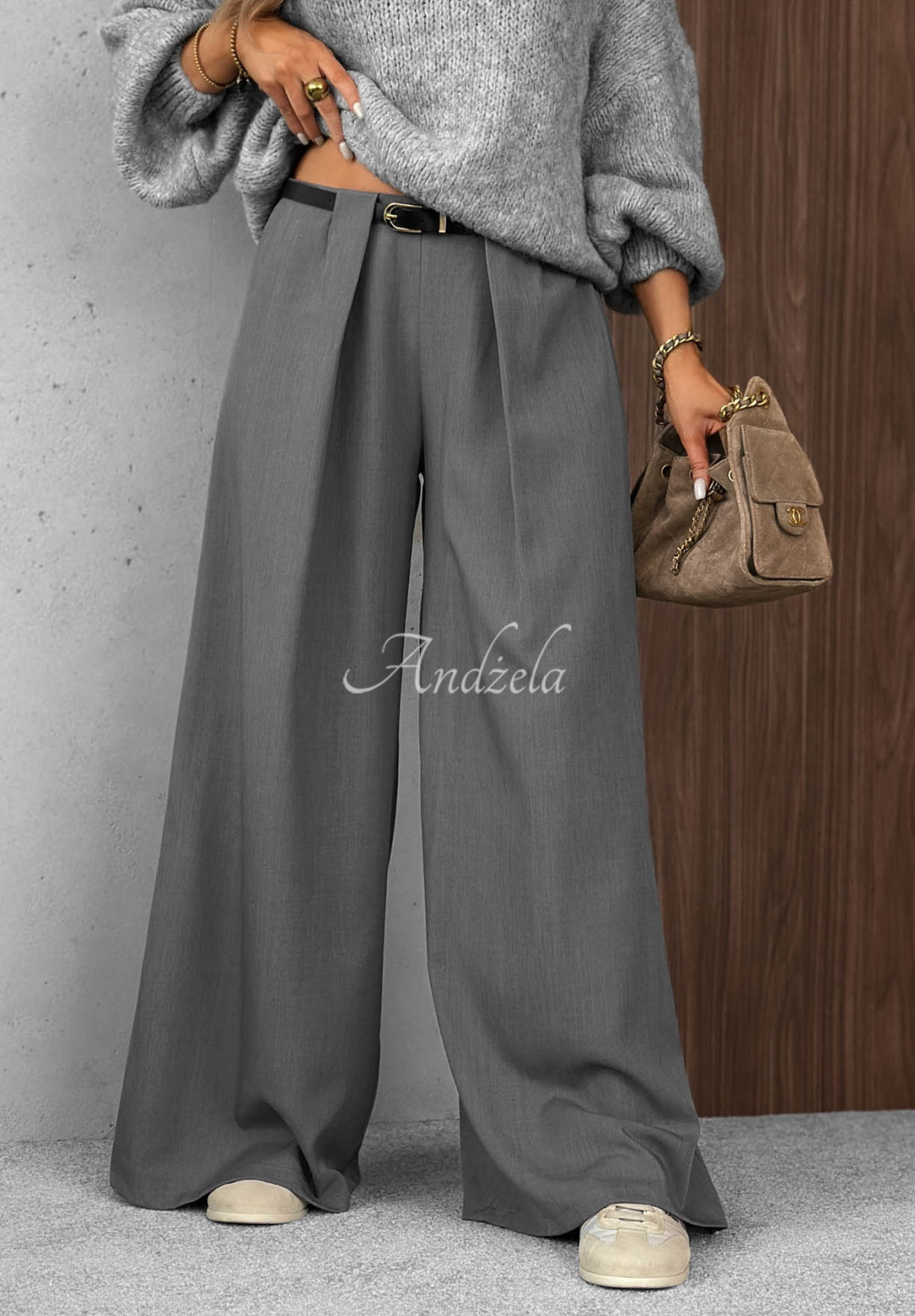 Eleganckie spodnie wide leg z zakładkami Timeless Poise szare