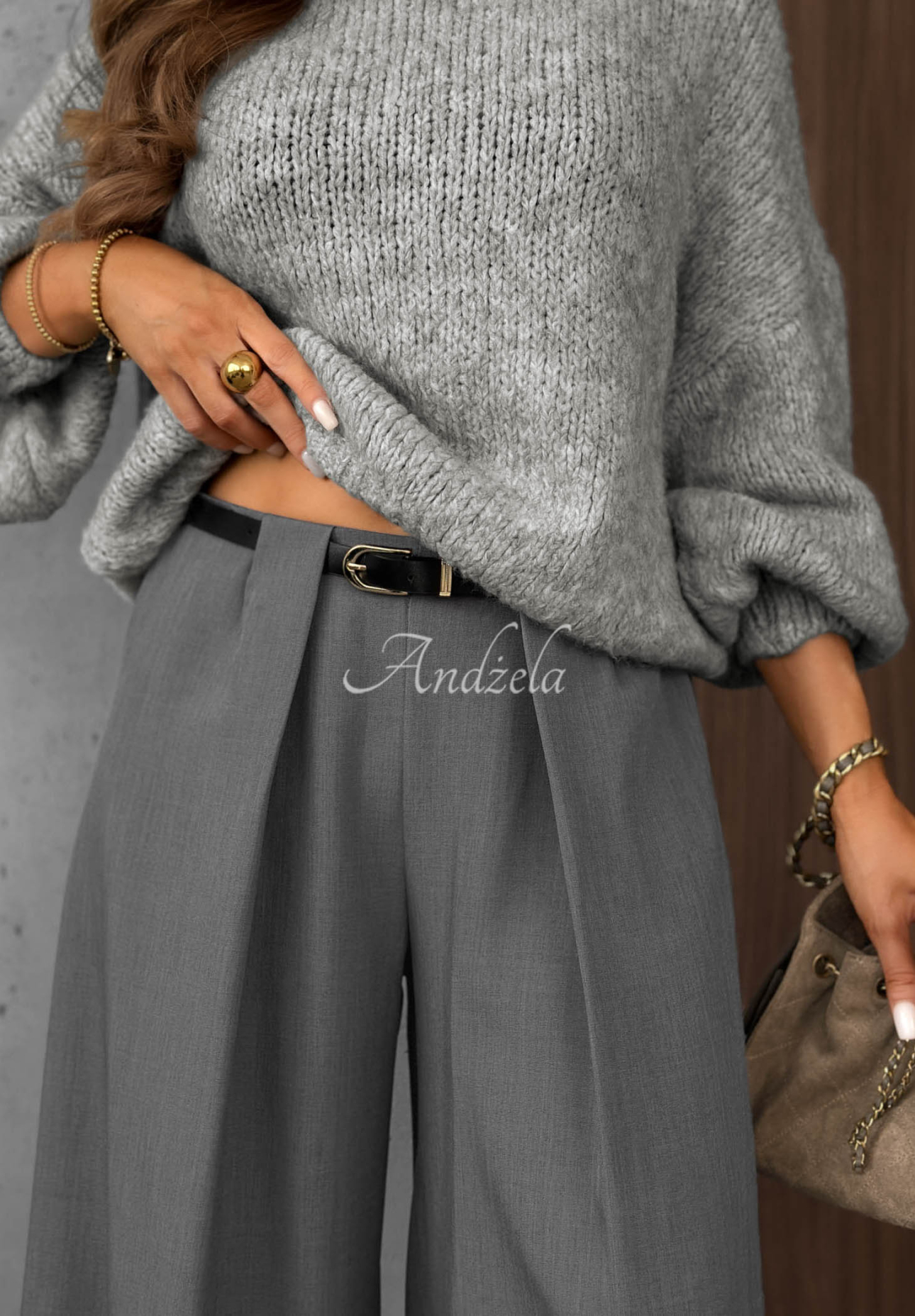 Eleganckie spodnie wide leg z zakładkami Timeless Poise szare