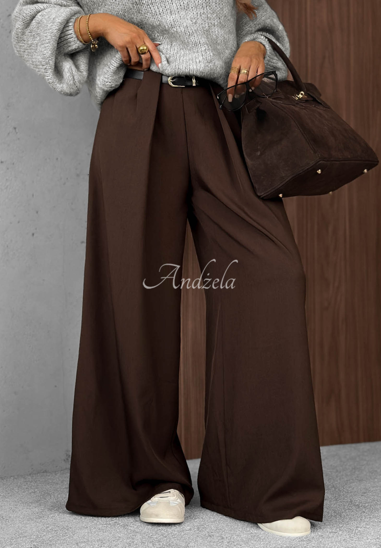 Eleganckie spodnie wide leg z zakładkami Timeless Poise czekoladowe