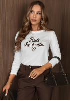 T-shirt z napisem Ridi De Vita biało-czekoladowy