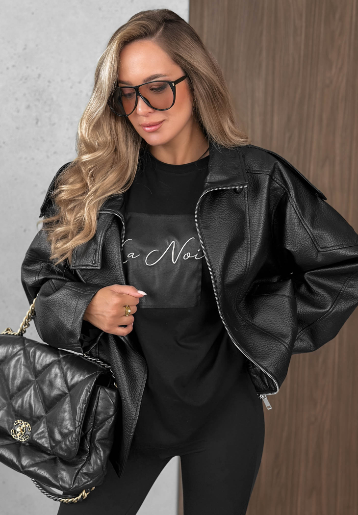 Bawełniany T-shirt z ozdobną aplikacją This Happens czarny