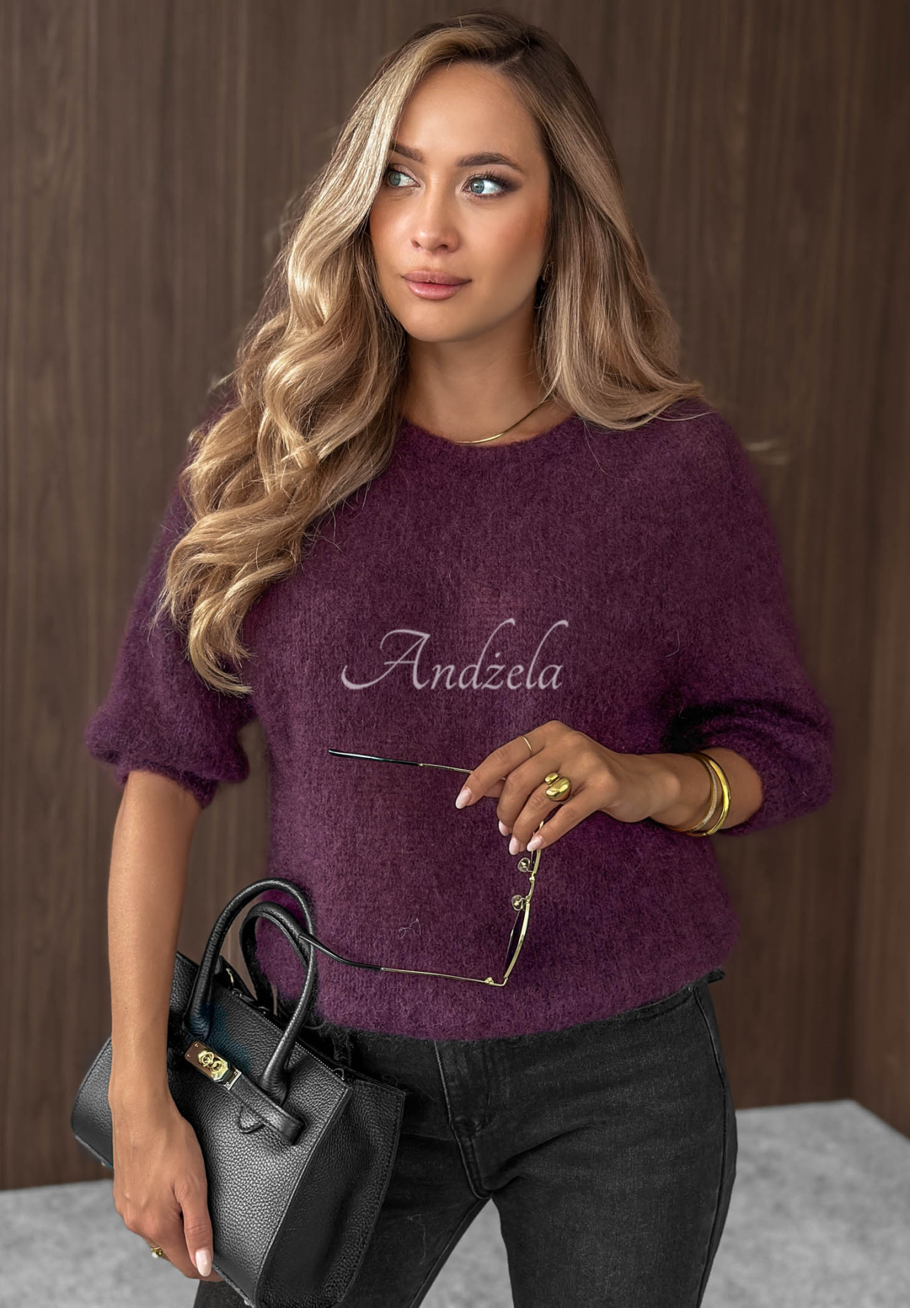Moherowy sweter z krótkimi rękawami Soft Serenity jagodowy