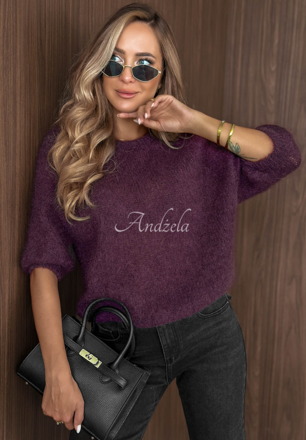 Moherowy sweter z kr&oacute;tkimi rękawami Soft Serenity jagodowy