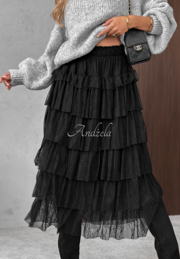 Romantic Soul Black Lace Midi Skirt with Ruffles