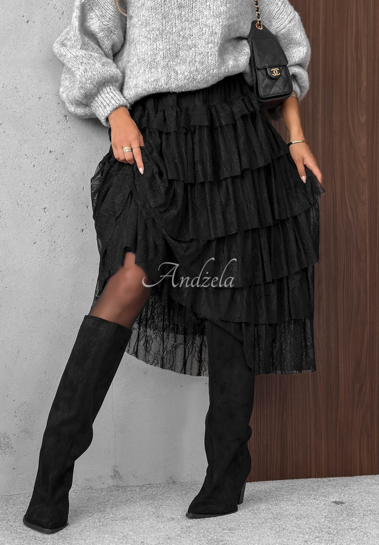 Romantic Soul Black Lace Midi Skirt with Ruffles