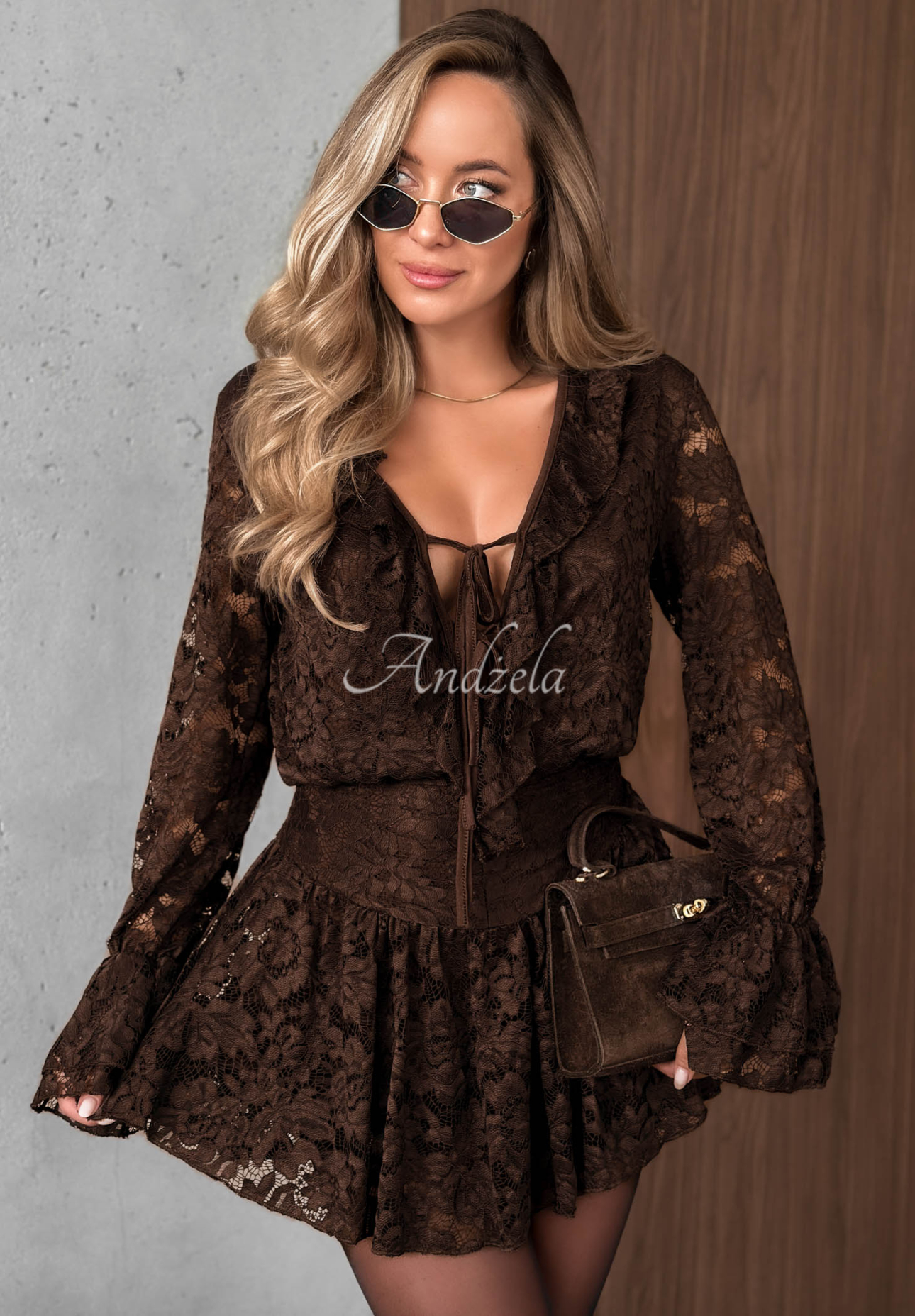 Pretty Angel Short Lace Jumpsuit with Ruffles in Chocolate Brown