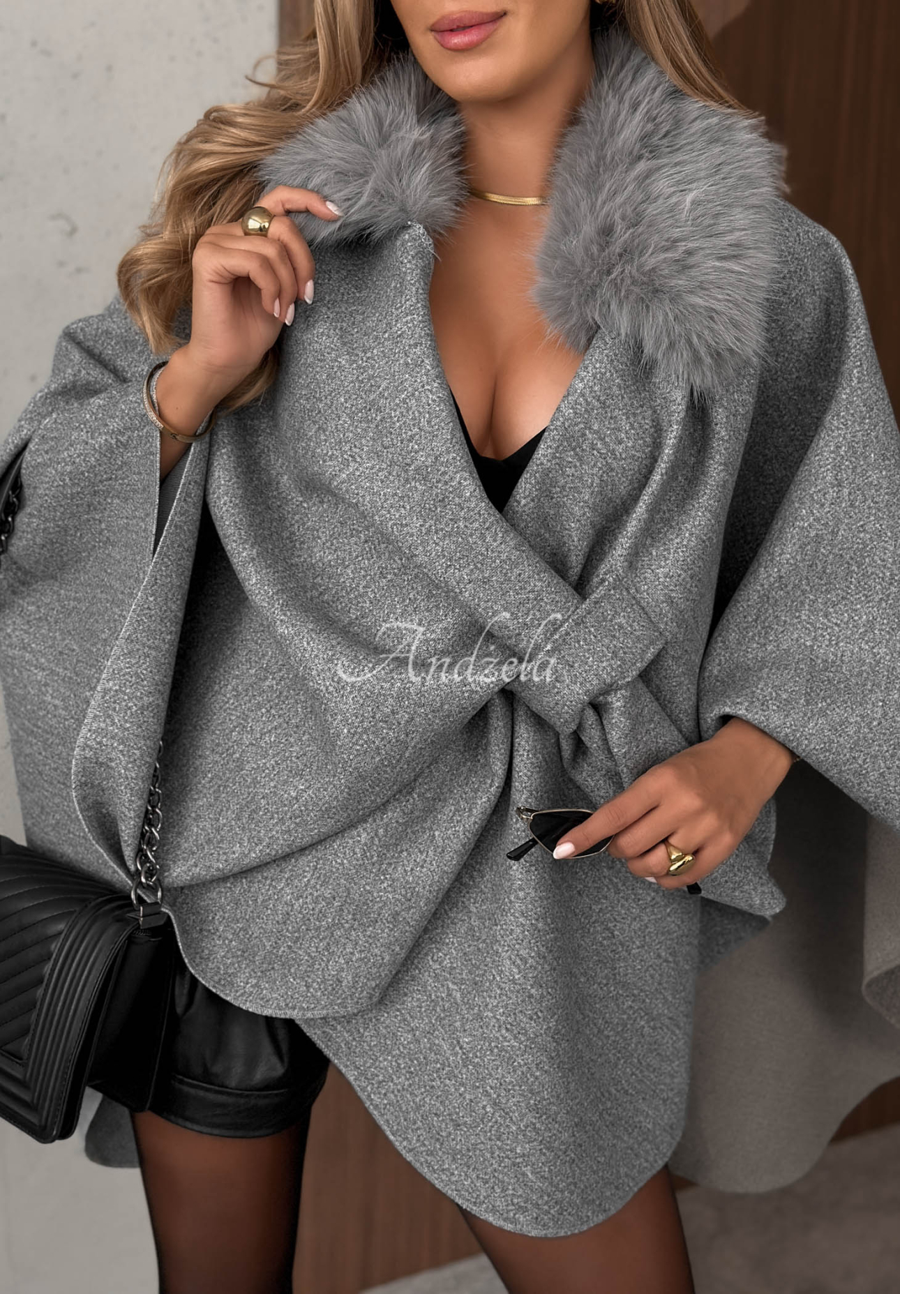 Feather Soft Gray Poncho Coat with Fur and Wool