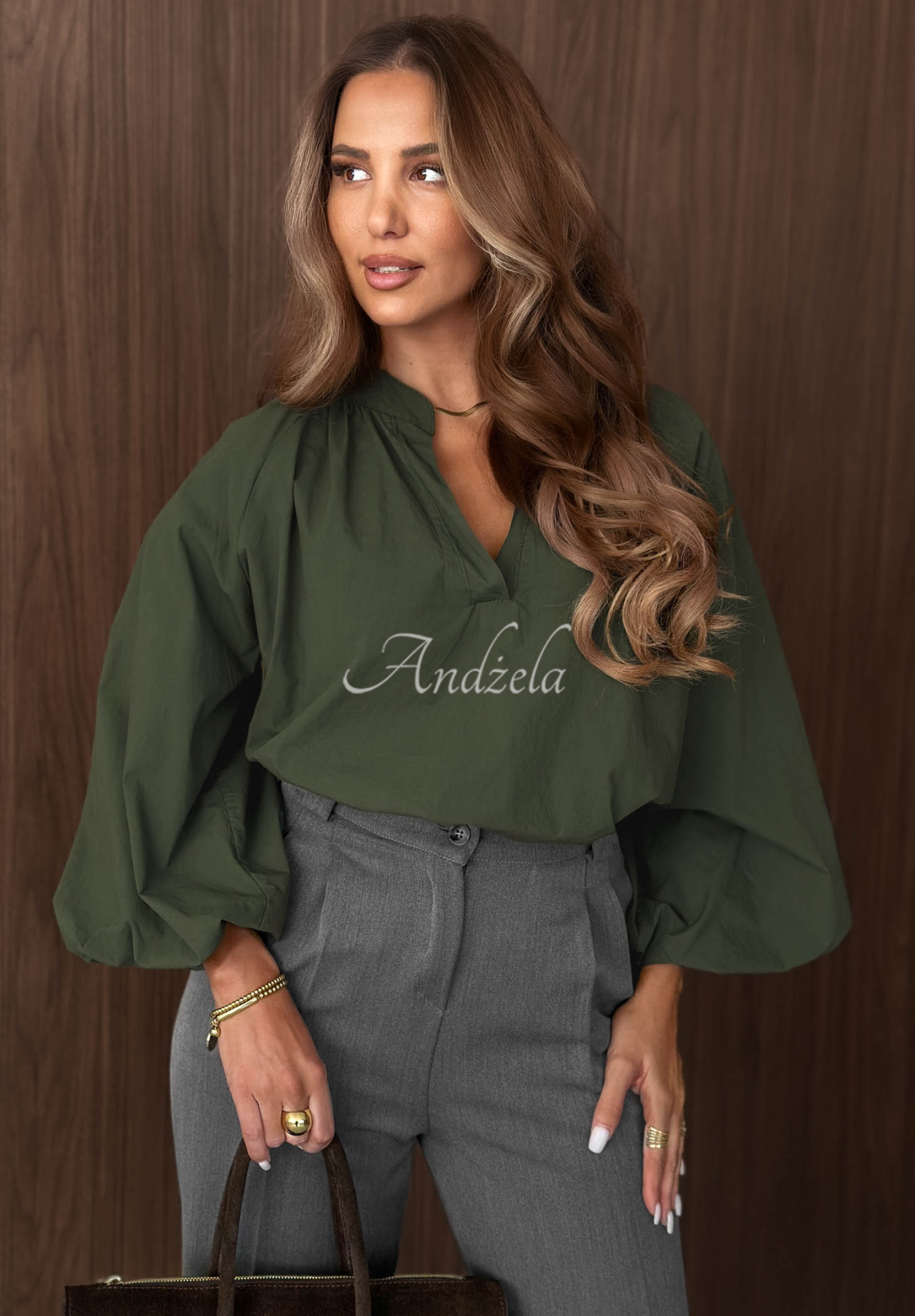 Autumn Bella Khaki Cotton Shirt with Puff Sleeves