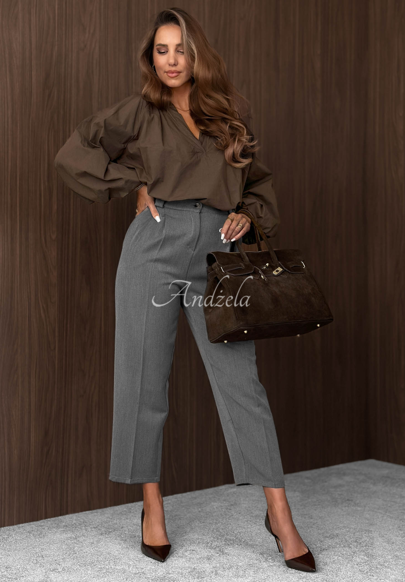 Autumn Bella Chocolate-Colored Cotton Shirt with Puff Sleeves