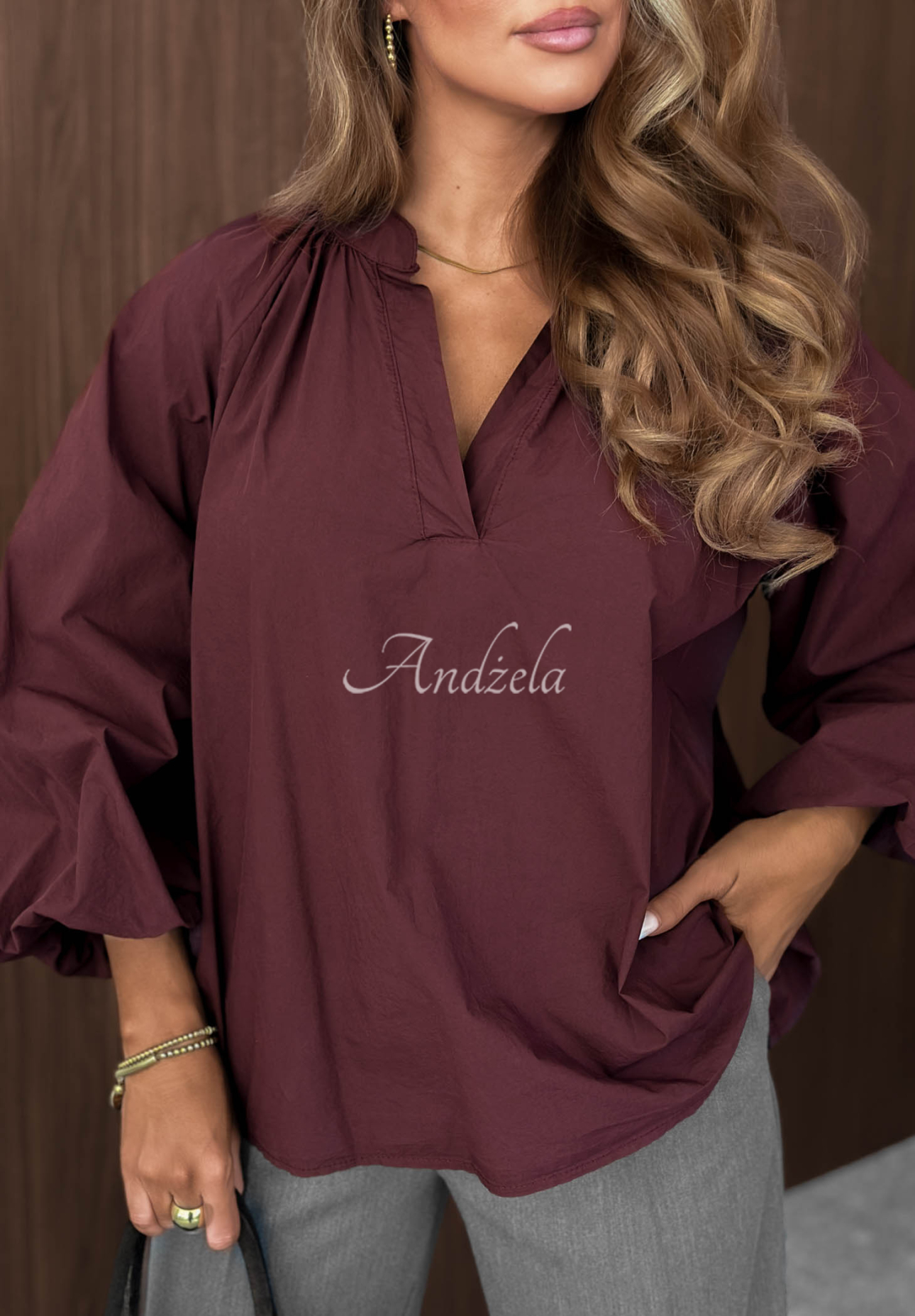 Autumn Bella Burgundy Cotton Shirt with Puff Sleeves