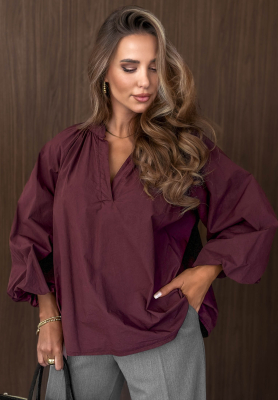 Autumn Bella Burgundy Cotton Shirt with Puff Sleeves