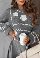 Sweter z haftowanymi kwiatami Misty Fleur czekoladowy