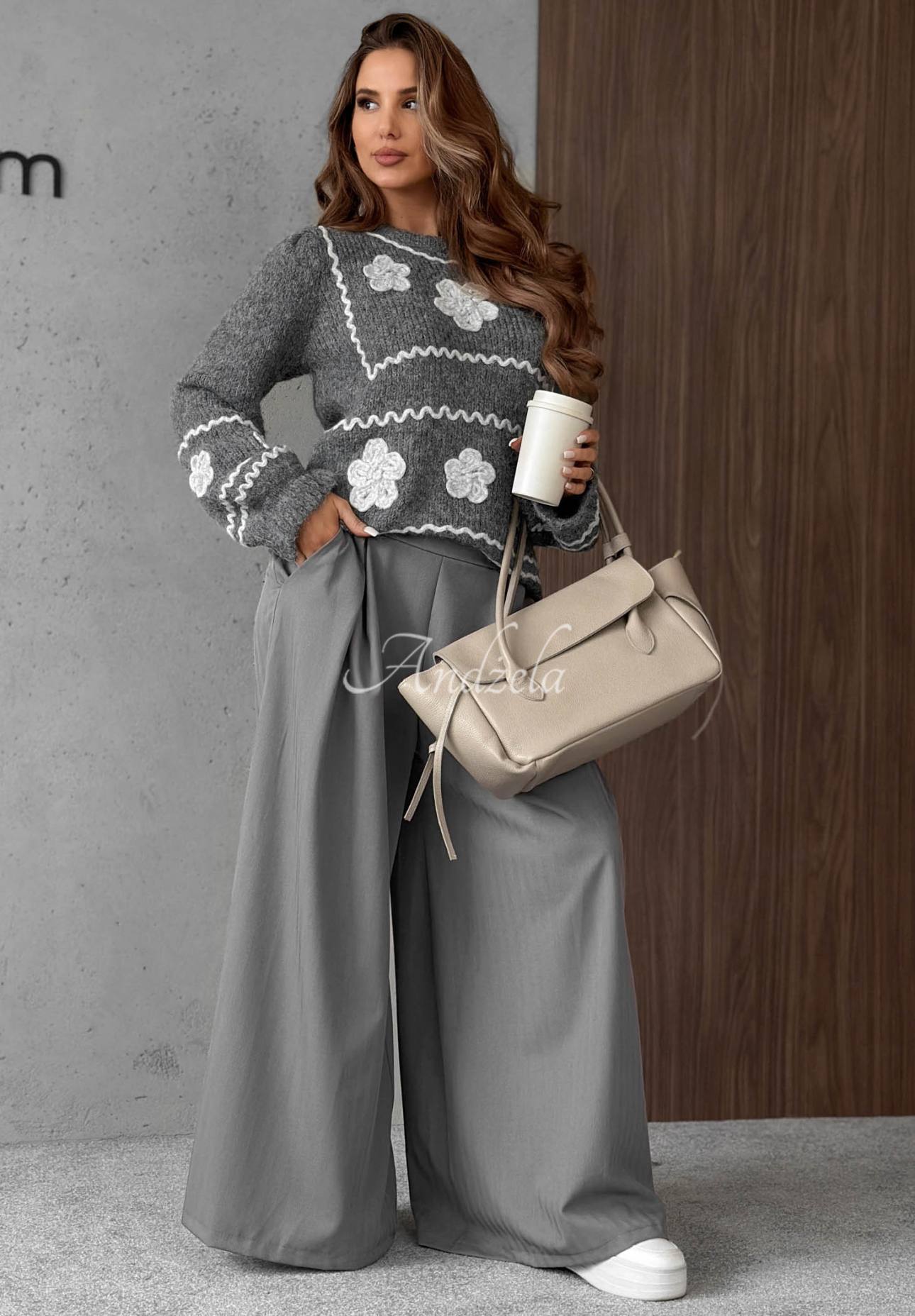 Misty Fleur Gray Viscose Sweater with Embroidered Flowers