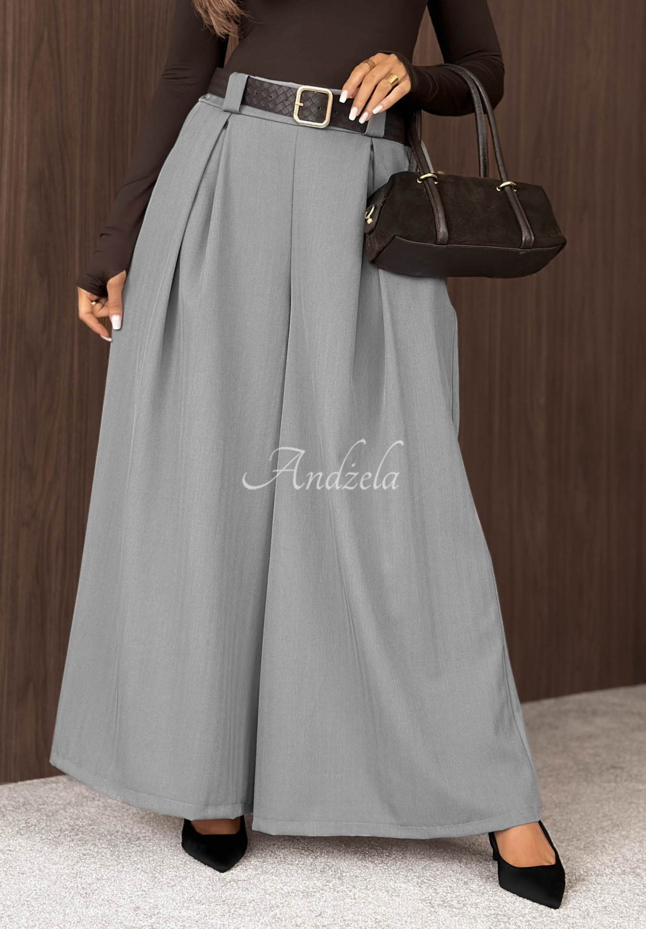 Materiałowe spodnie wide leg z paskiem Simple Elegance szare