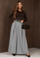 Materiałowe spodnie wide leg z paskiem Simple Elegance czarne