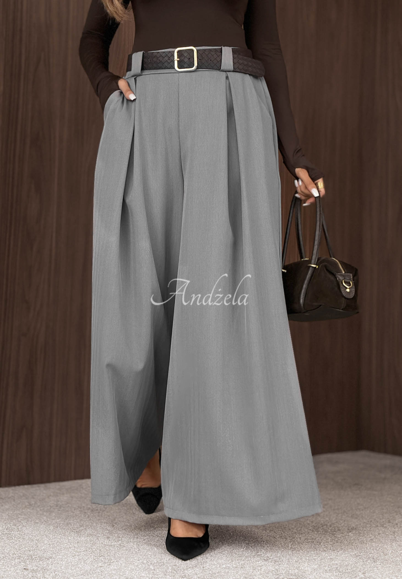 Simple Elegance Gray Wide-Leg Fabric Pants with a Belt
