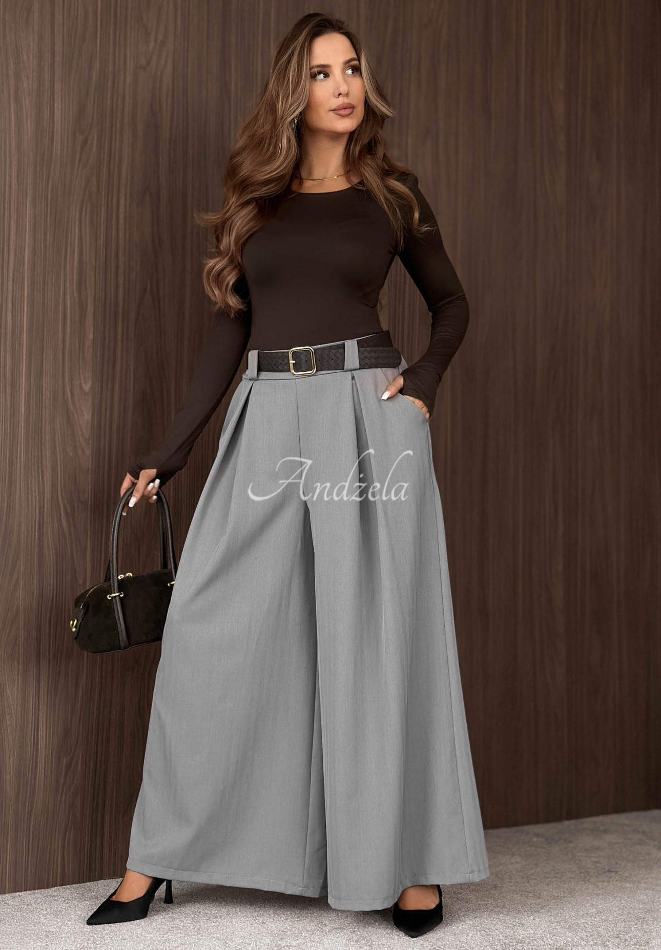Materiałowe spodnie wide leg z paskiem Simple Elegance szare