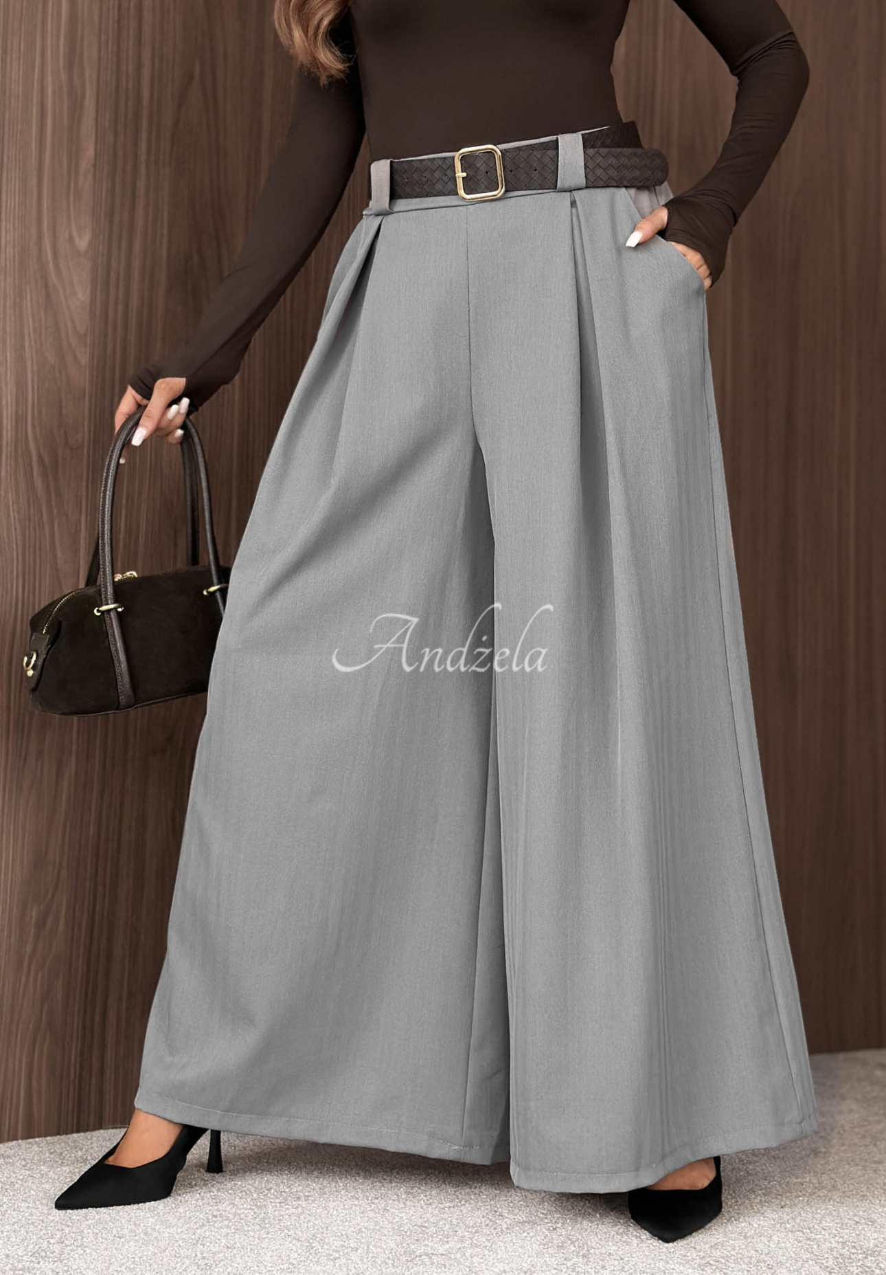 Simple Elegance Gray Wide-Leg Fabric Pants with a Belt