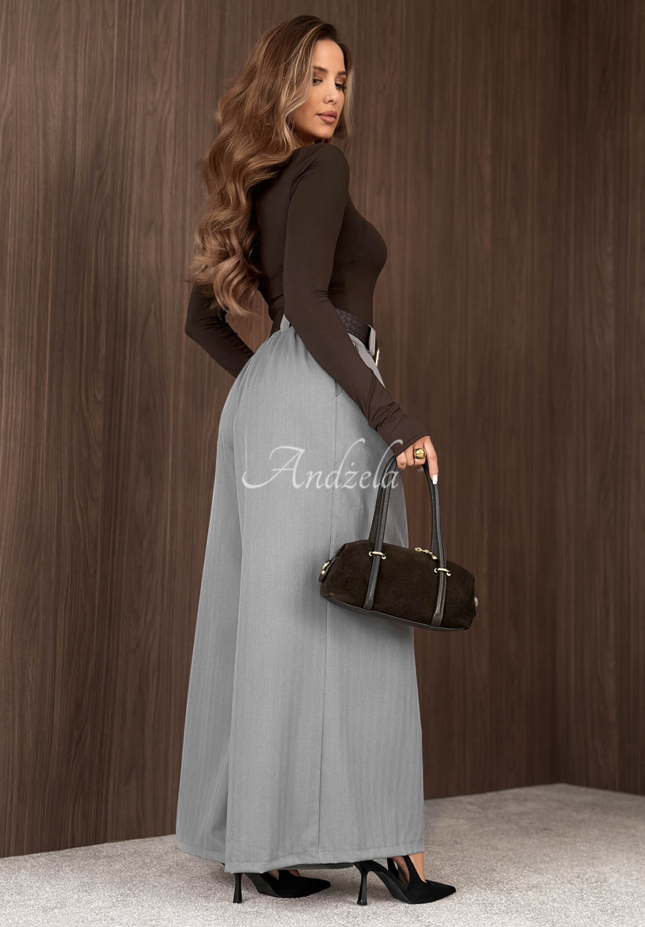 Simple Elegance Gray Wide-Leg Fabric Pants with a Belt
