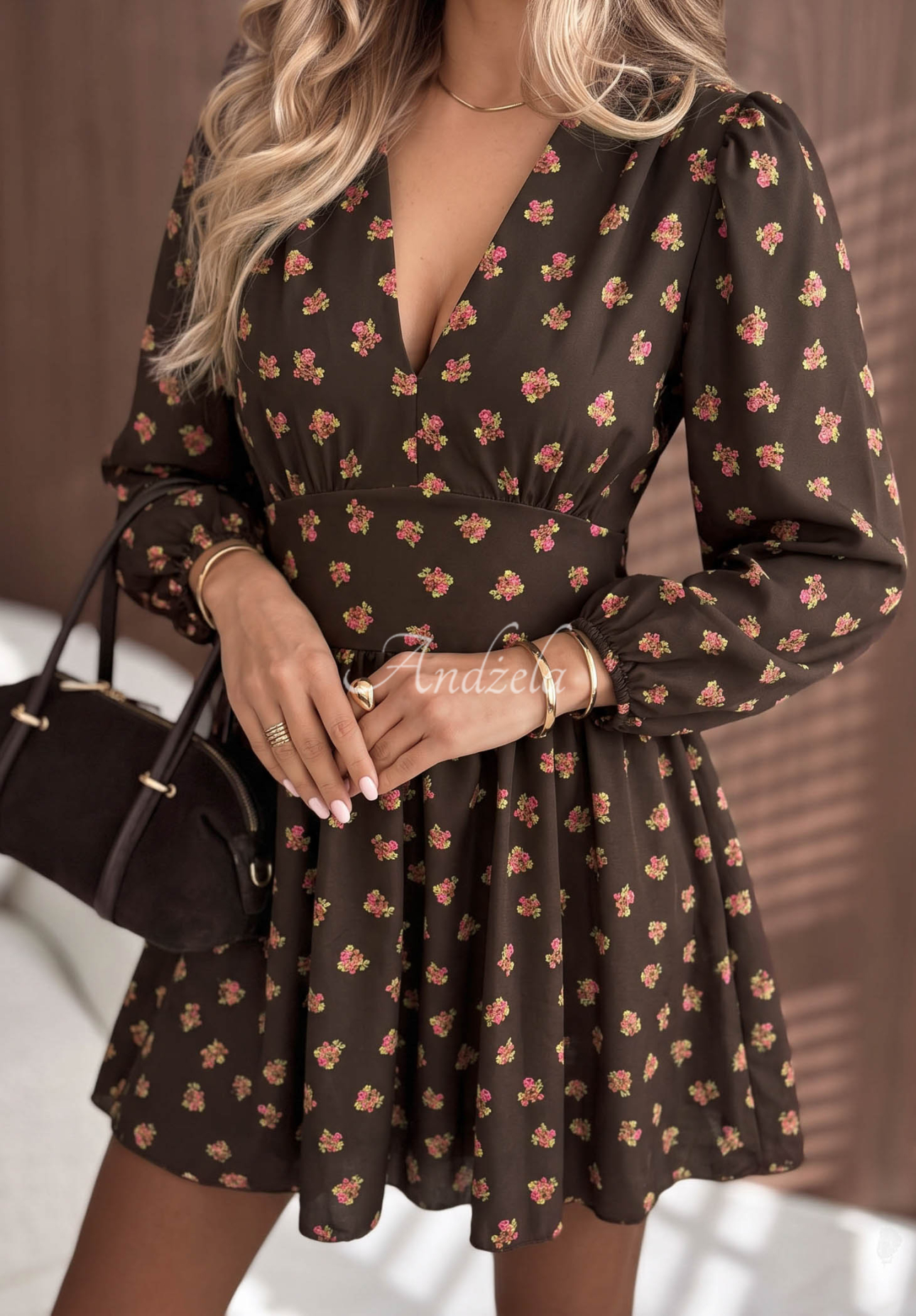 Maple Rose Chocolate-Colored Floral Viscose Mini Dress