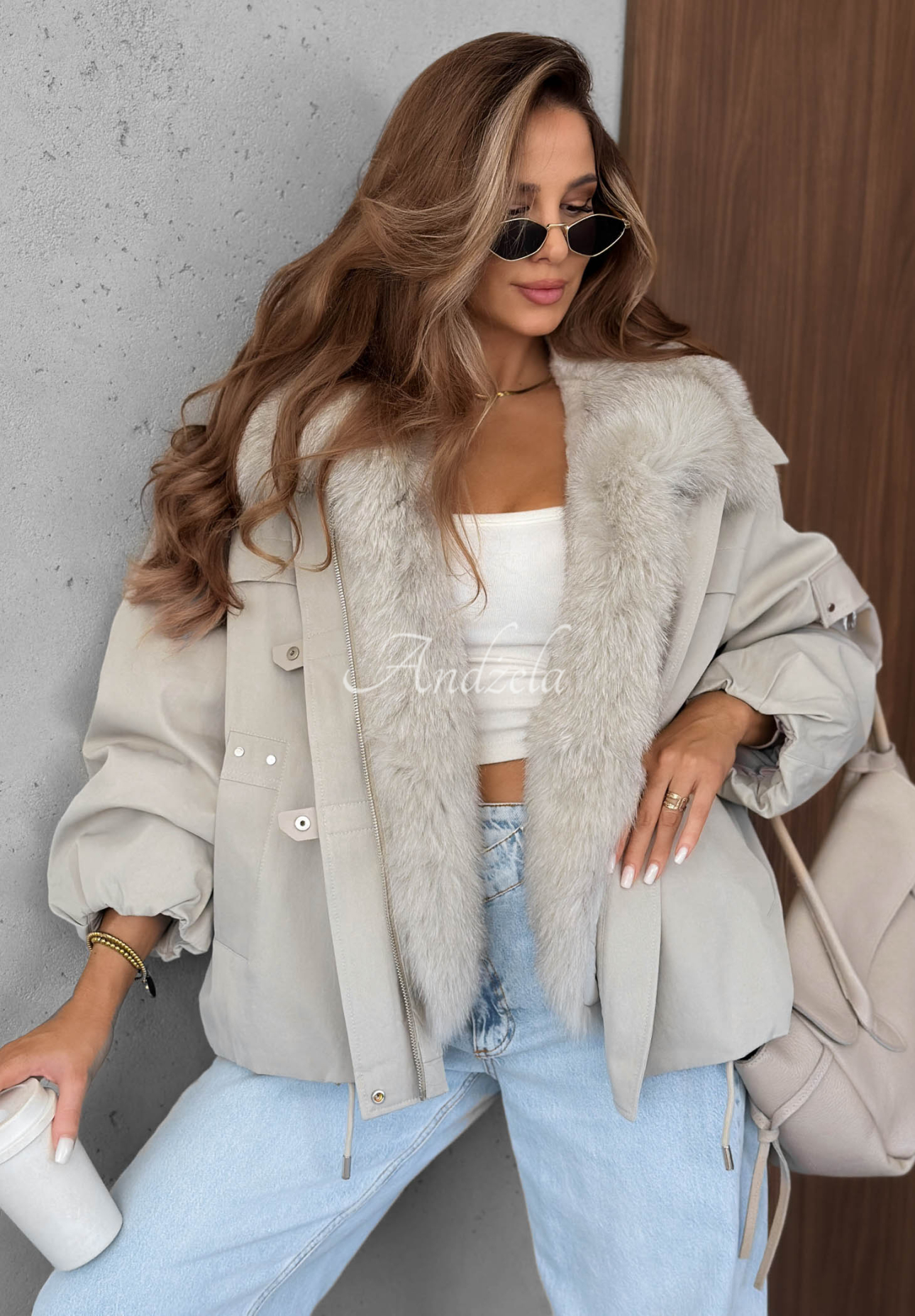 Cold North Short Parka Jacket with Fur Trim, Gray