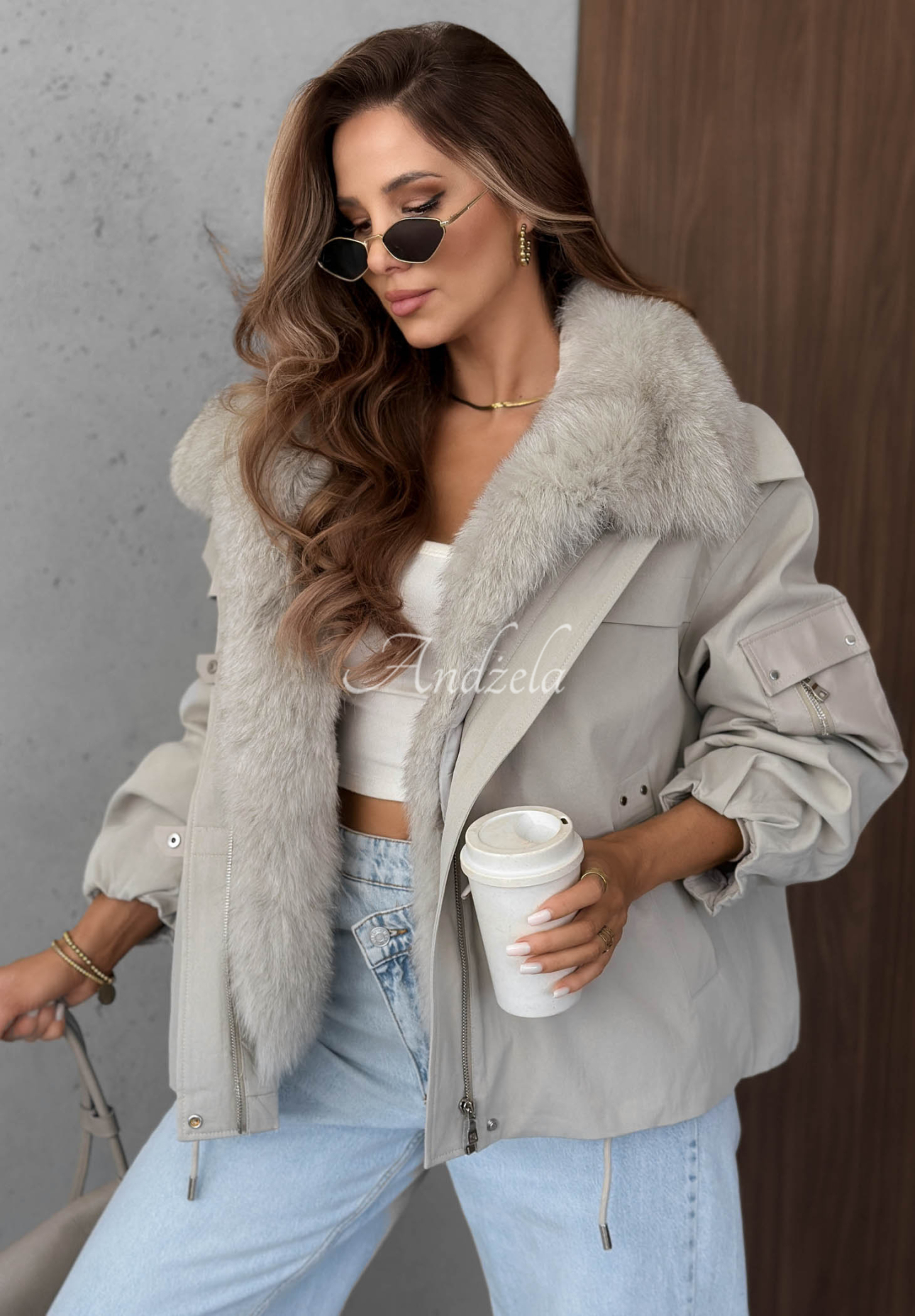 Cold North Short Parka Jacket with Fur Trim, Gray