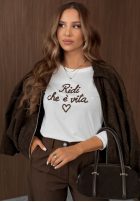 T-shirt z napisem Ridi De Vita biało-czekoladowy