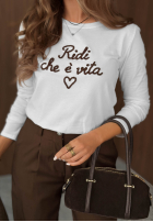 T-shirt z napisem Ridi De Vita biało-czekoladowy
