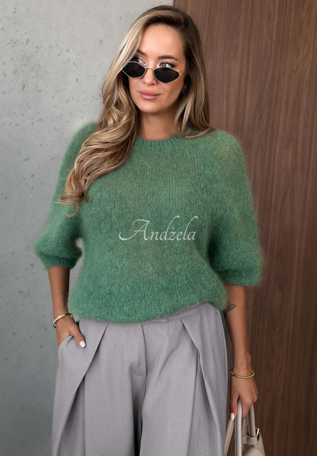 Moherowy sweter z krótkimi rękawami Soft Serenity oliwkowy