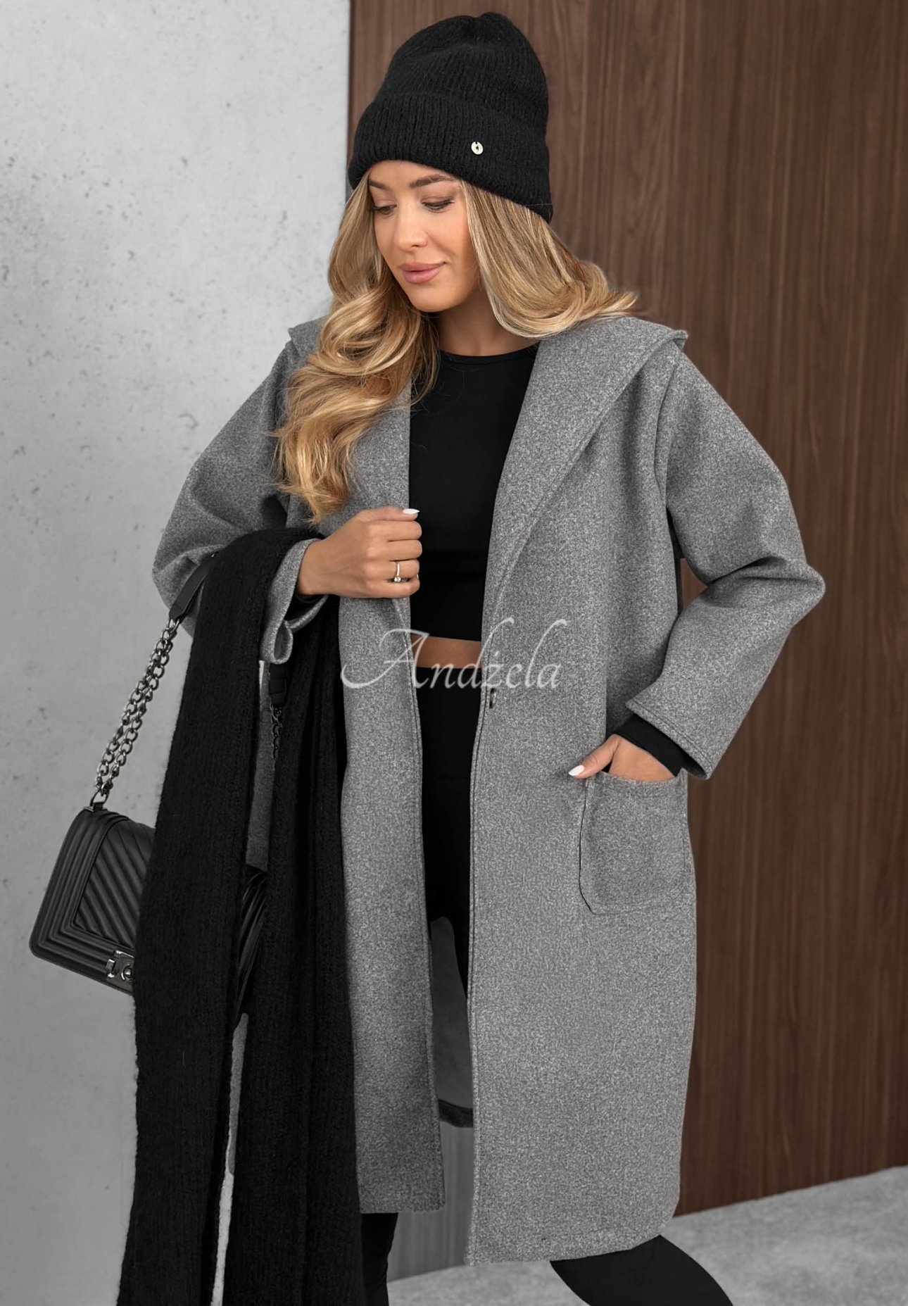 Długi płaszcz oversize z wełną City Autumn szary