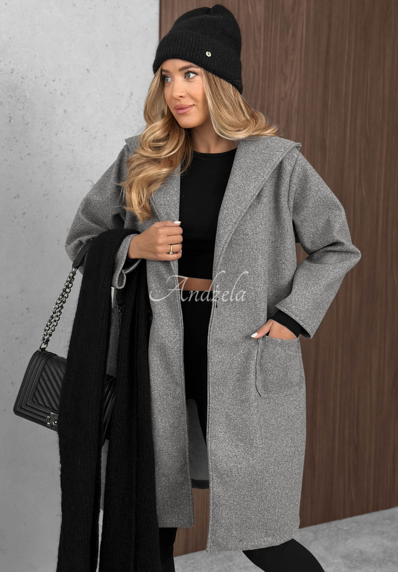 Długi płaszcz oversize z wełną City Autumn szary