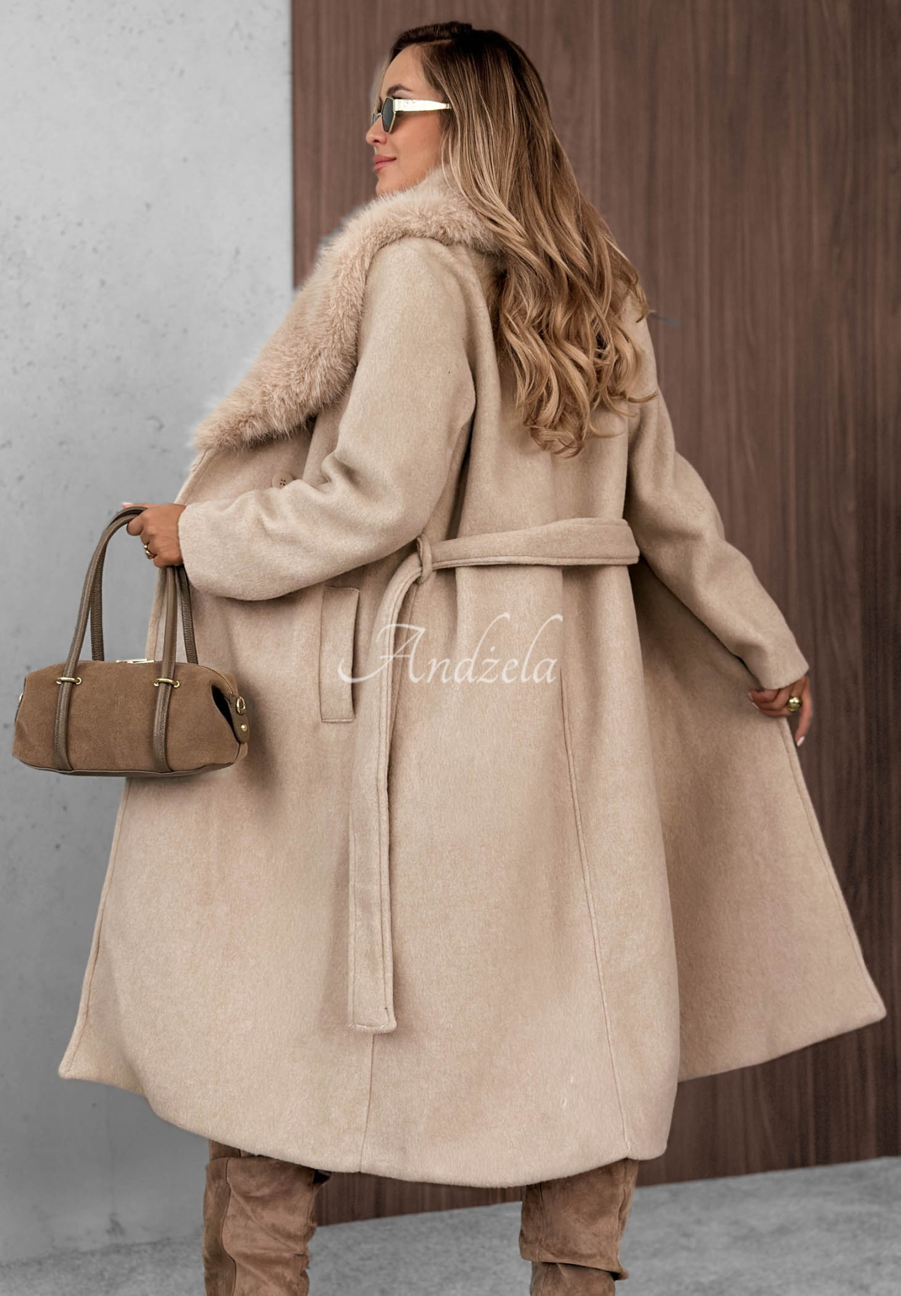 Long Coat with Fur Trim and Wool by Clouded Reverie in Beige