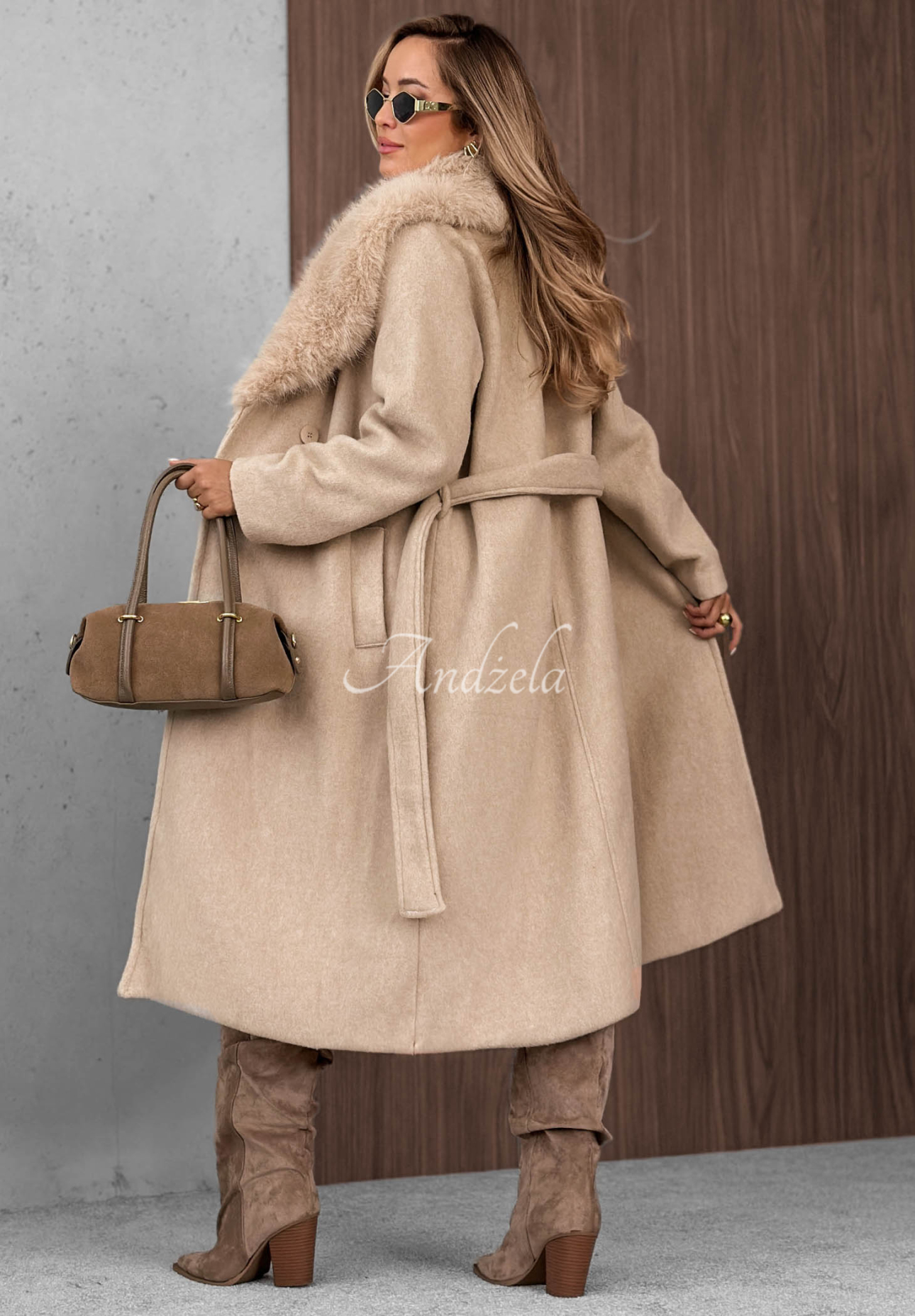 Long Coat with Fur Trim and Wool by Clouded Reverie in Beige