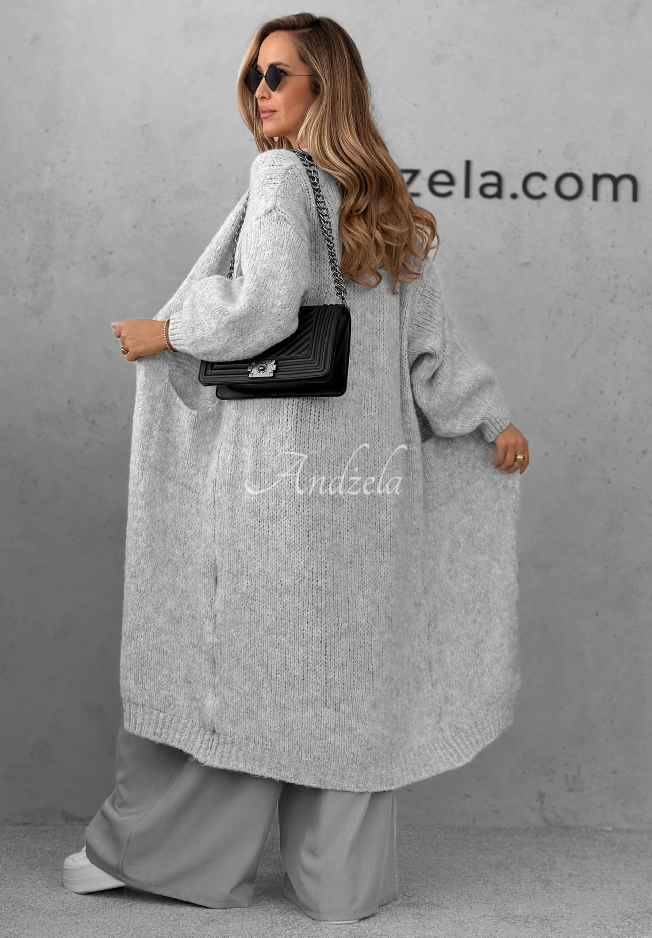 Long, oversized cardigan with pockets, made of wool and viscose, by November Walk, light gray