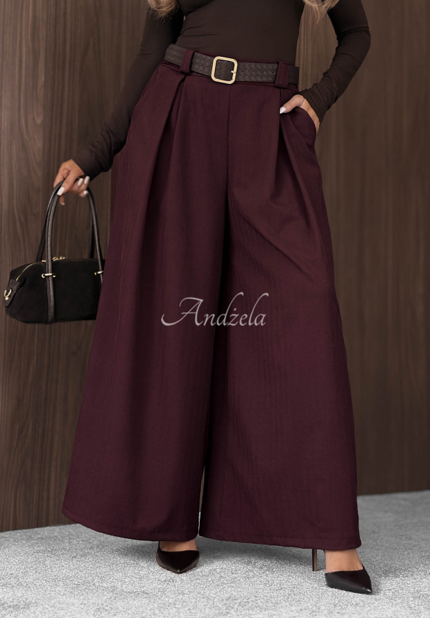 Simple Elegance burgundy wide-leg fabric pants with a belt