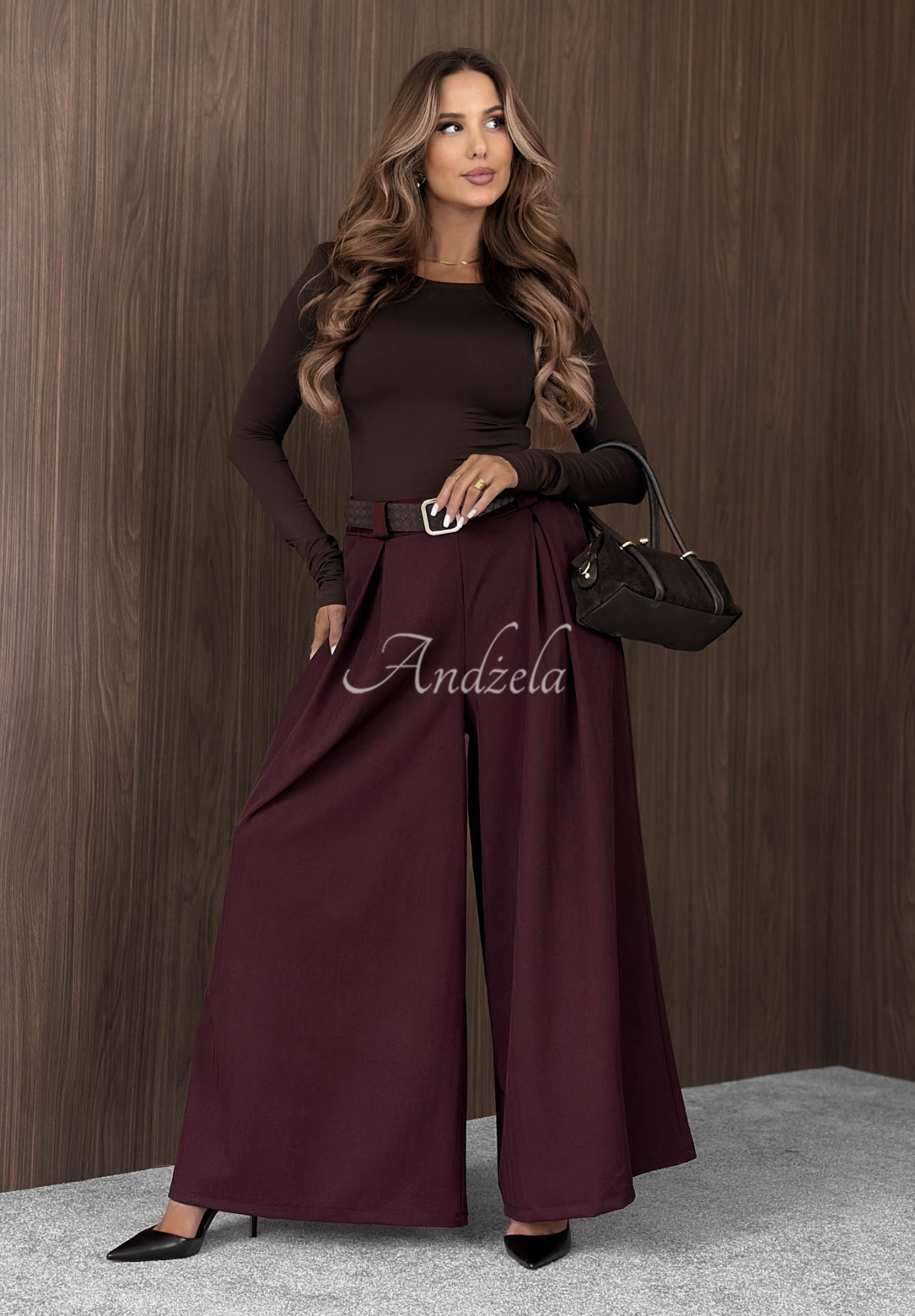 Simple Elegance burgundy wide-leg fabric pants with a belt