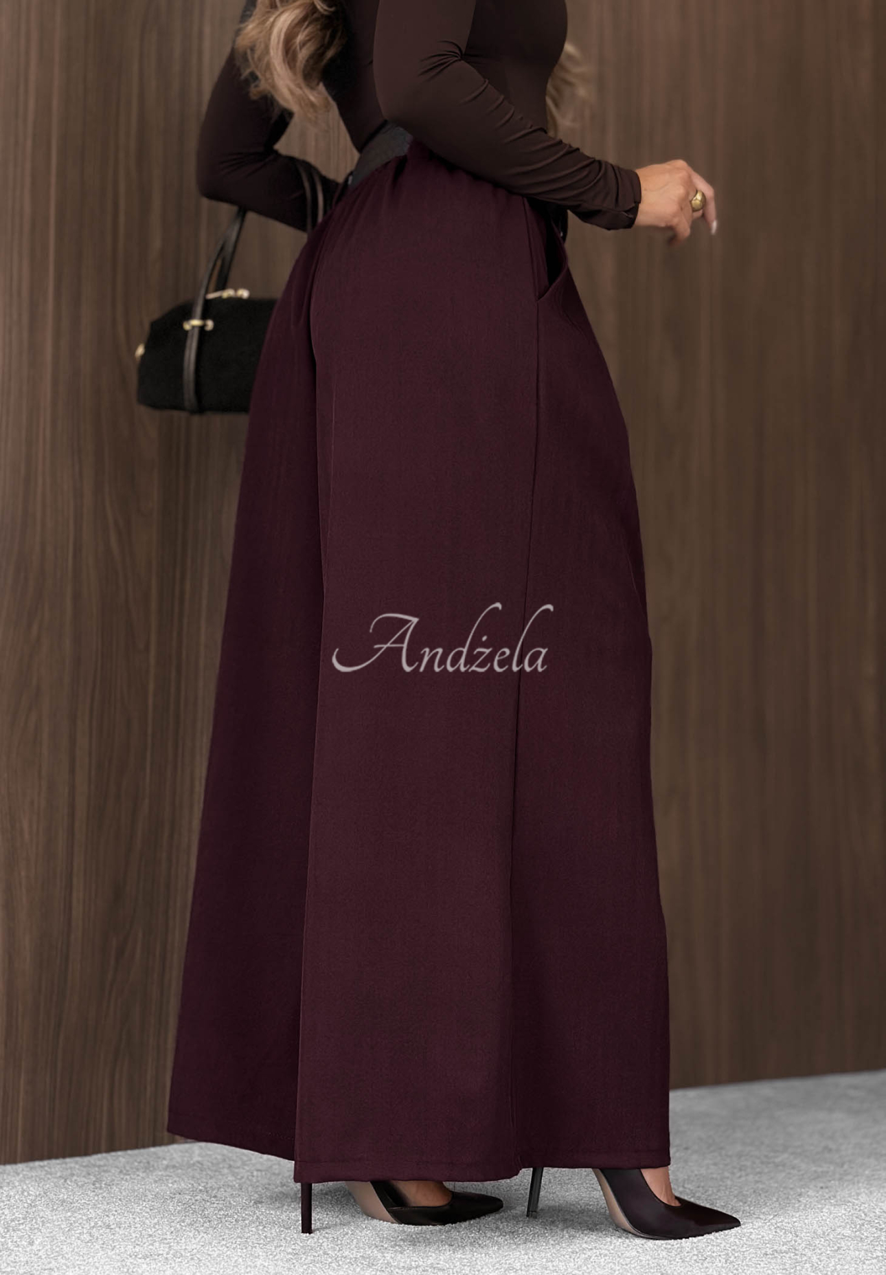 Simple Elegance burgundy wide-leg fabric pants with a belt