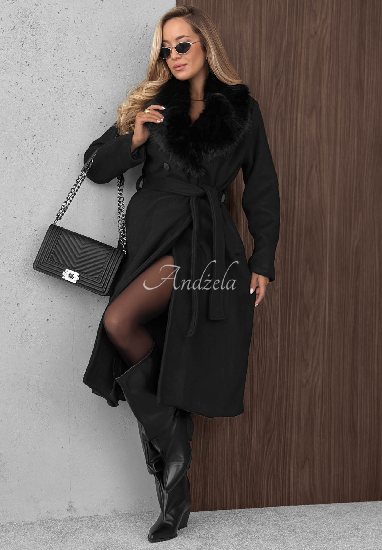 Clouded Reverie Long Coat with Fur and Wool, Black