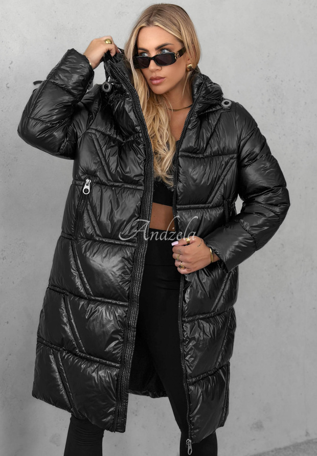 Winter Mode Long Quilted Hooded Jacket, Black