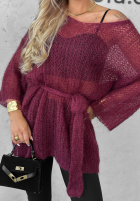 Długi moherowy sweter z paskiem Sweet Comfort burgundowy