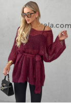 Długi moherowy sweter z paskiem Sweet Comfort burgundowy