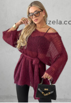 Długi moherowy sweter z paskiem Sweet Comfort burgundowy