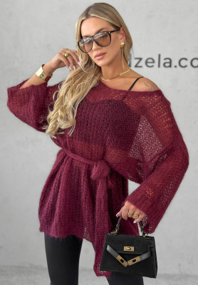 Sweet Comfort Long Mohair Sweater with Belt, Burgundy