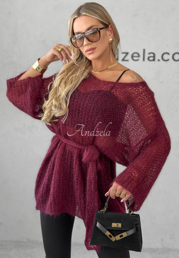 Długi moherowy sweter z paskiem Sweet Comfort burgundowy