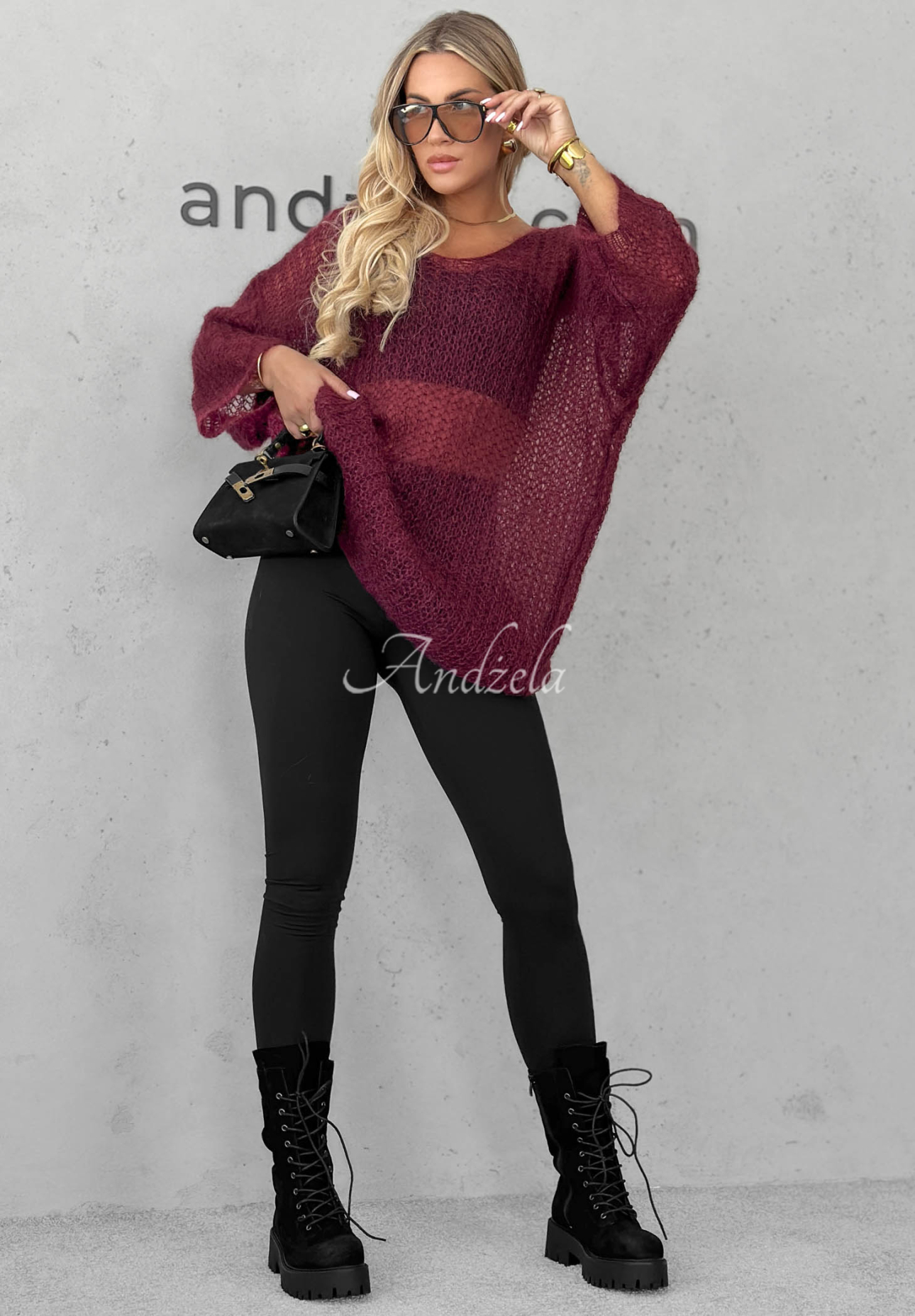 Długi moherowy sweter z paskiem Sweet Comfort burgundowy
