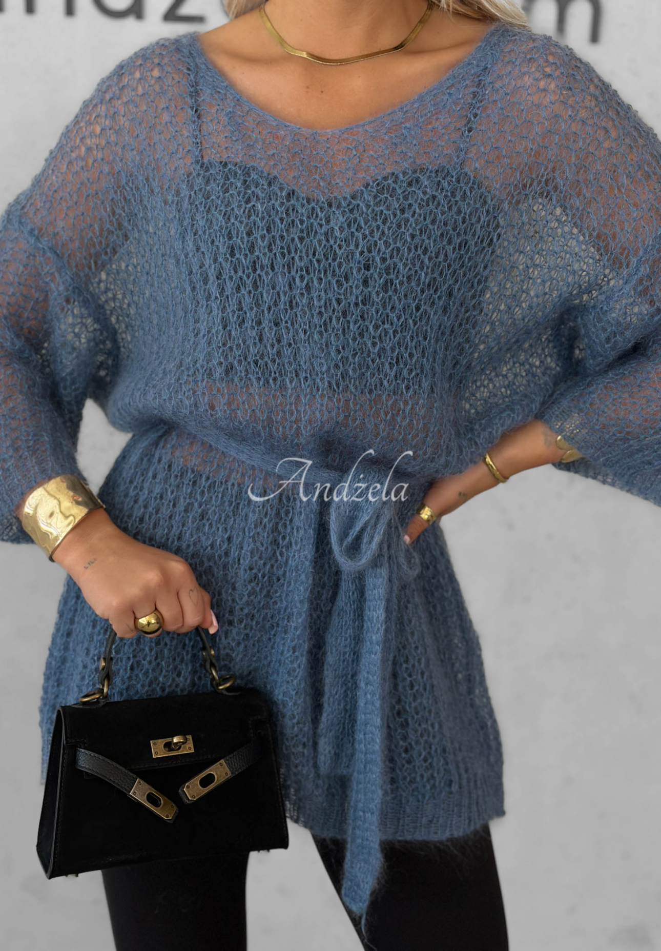 Sweet Comfort Long Mohair Sweater with Belt, Blue