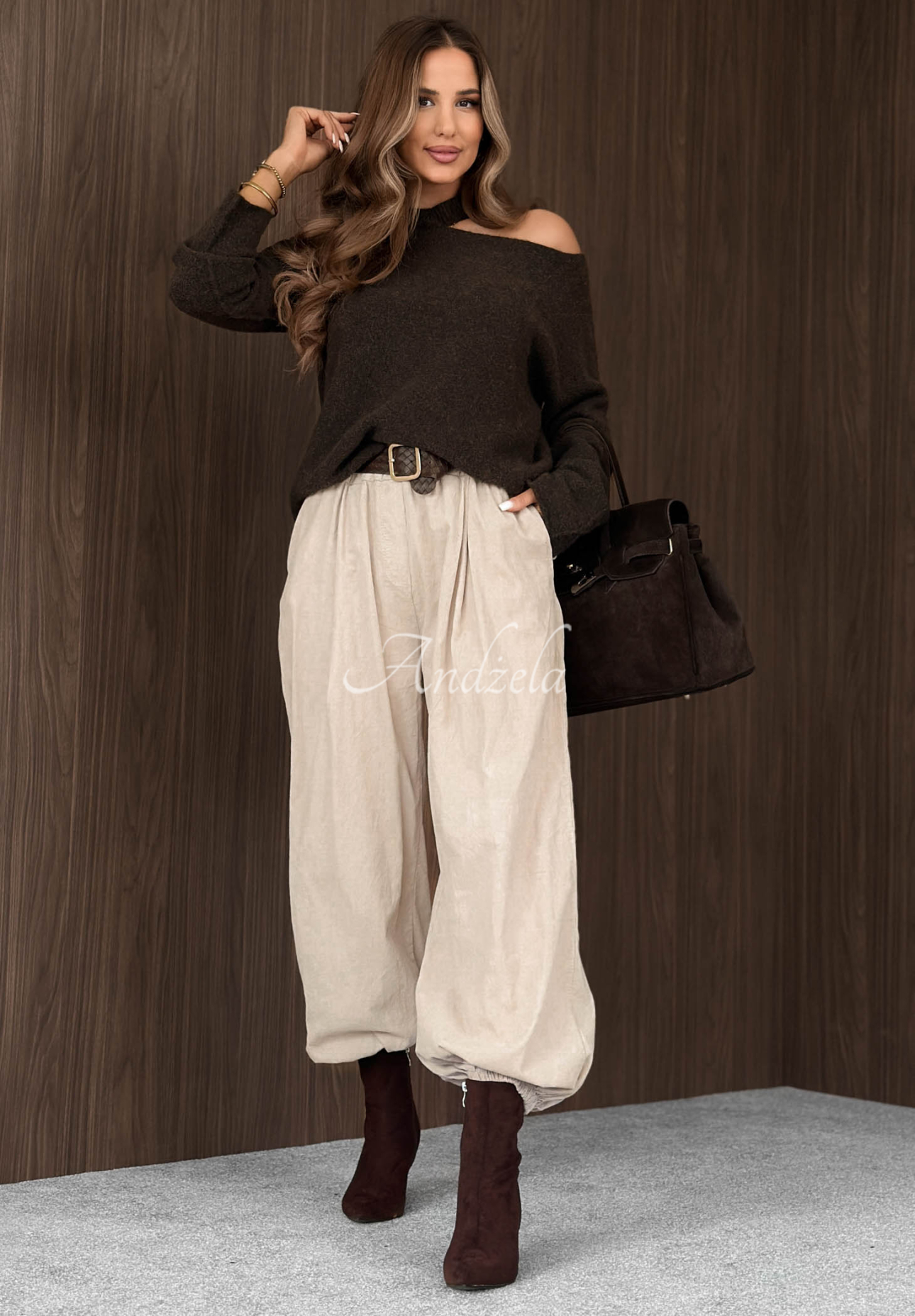 Simple Edit Beige Cotton Corduroy Jogger Pants with a Belt