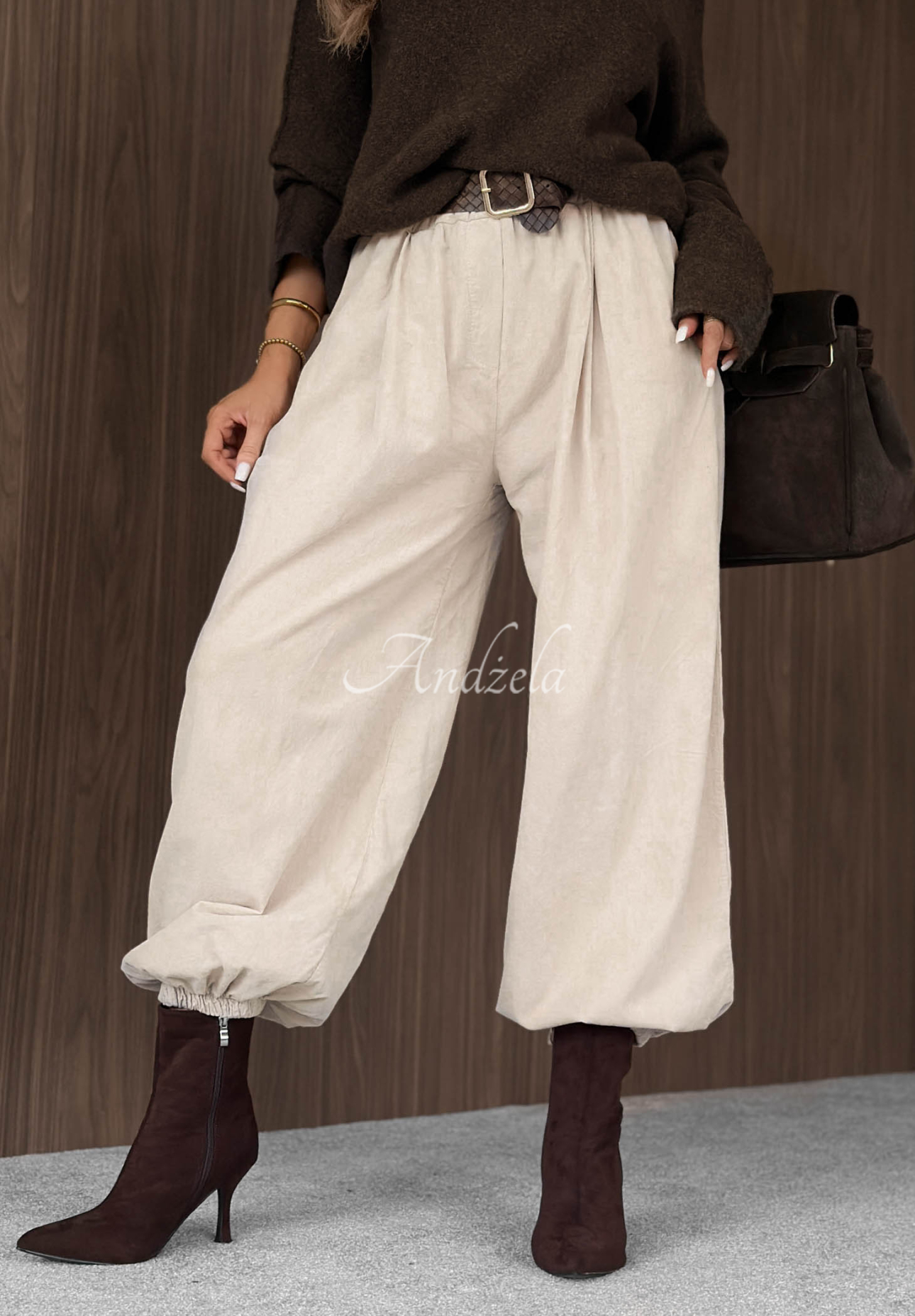 Simple Edit Beige Cotton Corduroy Jogger Pants with a Belt